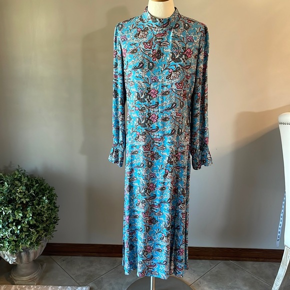 LOFT Bouquet Mock neckline MIDI dress paisley cendre blue NWT L/S zipped back 10 - Picture 3 of 16